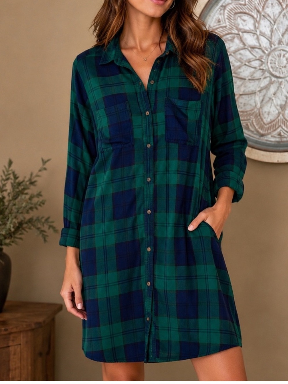 Old Navy Women’s Shirt Dress XL Plaid Button-Front Collared Long Sleeve Tunic